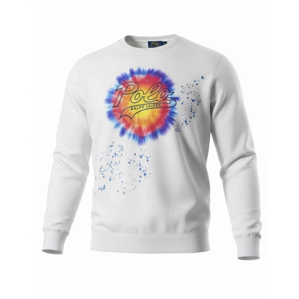 Polo Ralph Lauren Tie Dye Logo Crewneck Sweatshirt Mens XXL White Blue Splatter - Picture 1 of 10
